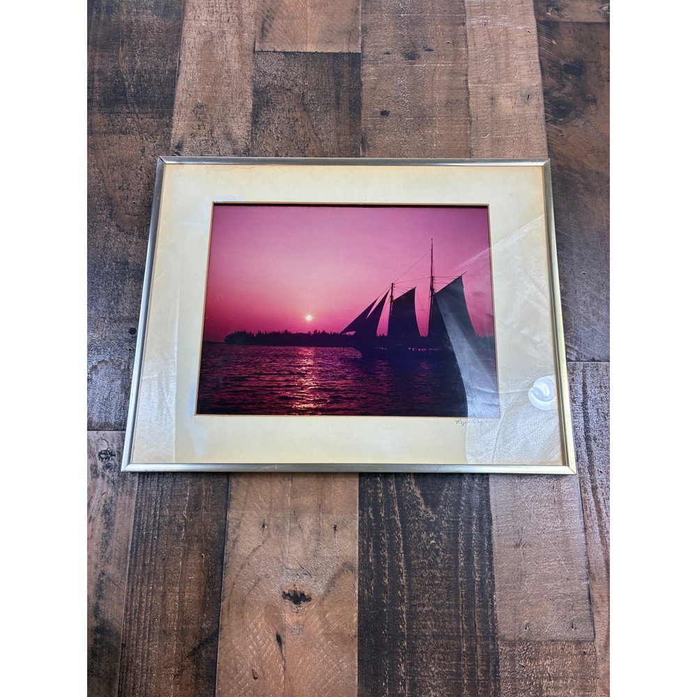 Roger‎ E Byrd Signed Schooner Sailboat Sunset Photography Print Framed Pink Sky